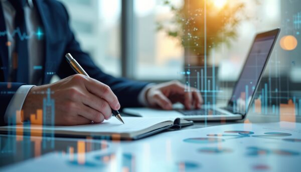 Business analyst writes in notebook, works on laptop, analyzes financial data, charts, diagrams. Financial planning, investment, budget, banking. Economic growth, company success concept. Man at